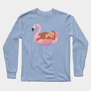 Sloth Chilling On Flamingo Pool Float Long Sleeve T-Shirt